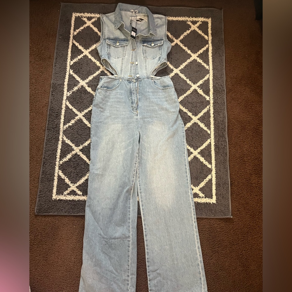 Fashion Nova Light Wash Cutout Denim Jumpsuit - Picture 6 of 10